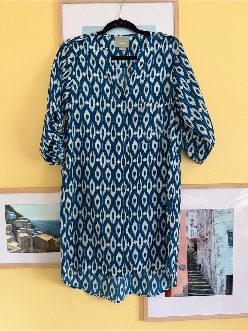 Maeve Anthropologie Blue Ikat Print Button Front Shirt Dress Size Small